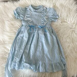 Vintage 70s Blue Handmade Dress Girls Buttons Ruffles Lace Bows Size 3